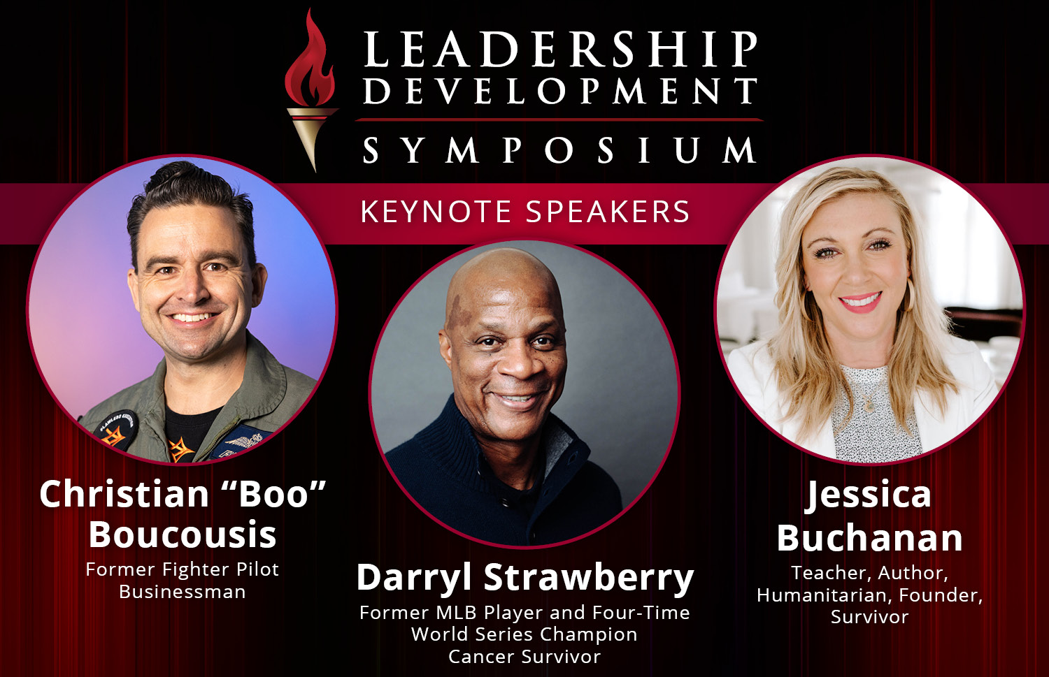 keynote speaker headshots of Christian Boo Boucousis, Darryl Strawberry, Jessica Buchanan 