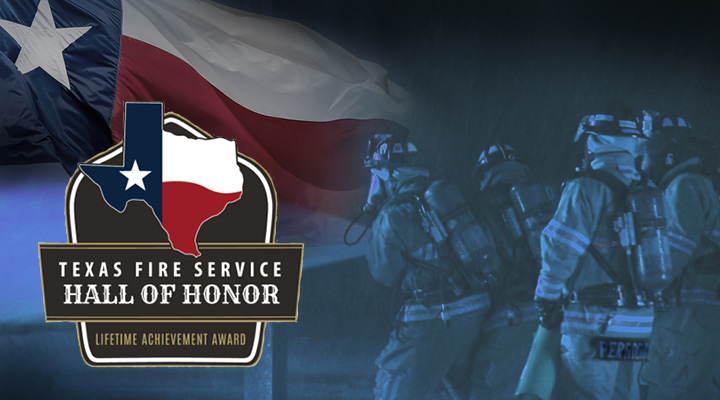 Texas Fire Service Hall of Honor Lifetime Achievement Award logo with Texas flag waving and 4 firefighters 